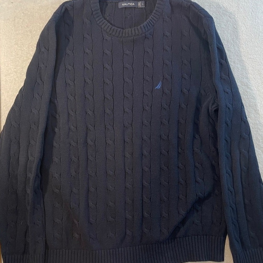 Nautica Mens Navy Blue Cable Knit Cotton Crew Neck Sweater Large L Logo Pullover